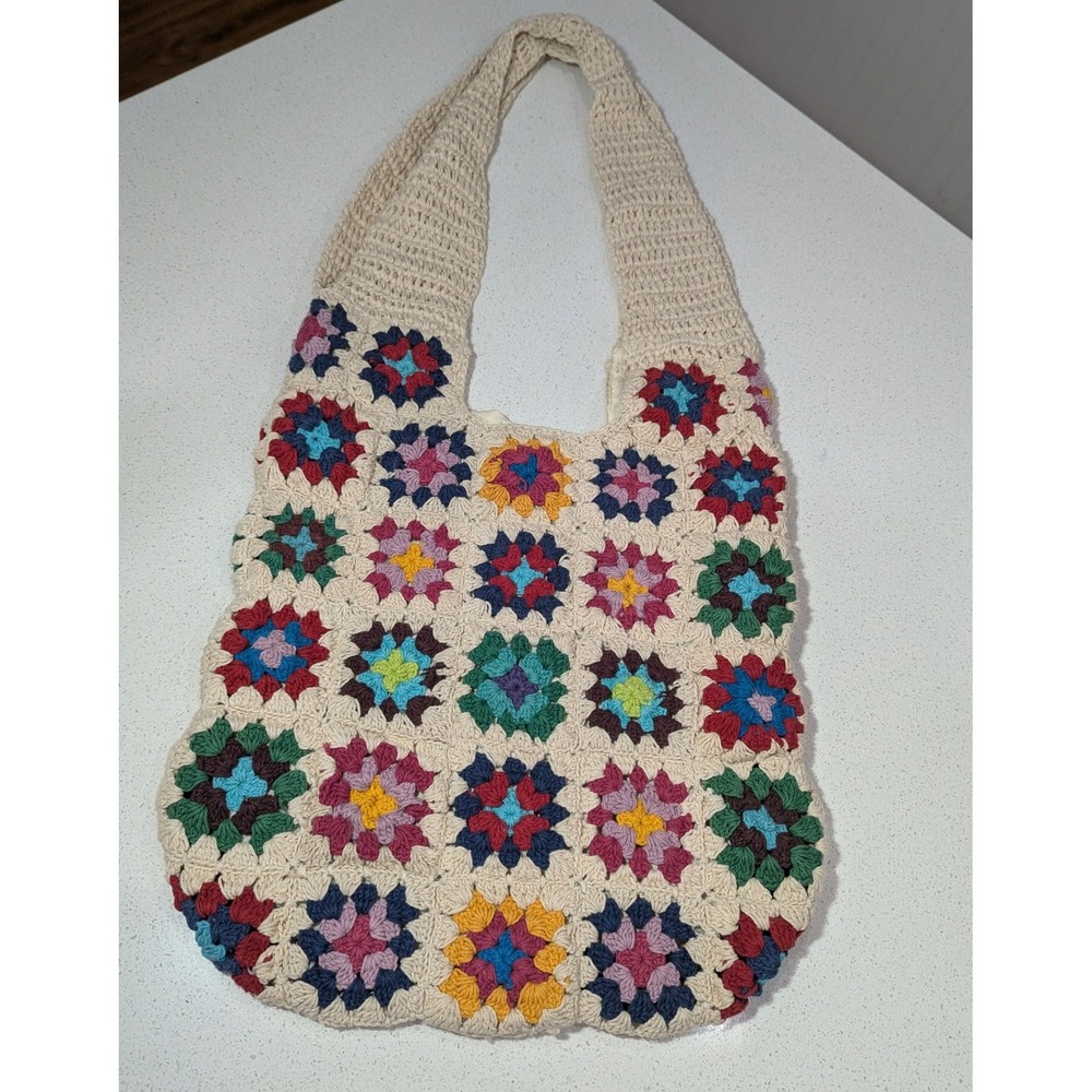 Crochet Tote Bag Multicolor Cotton Granny Square Boho Hobo Bag Hippie Vintage